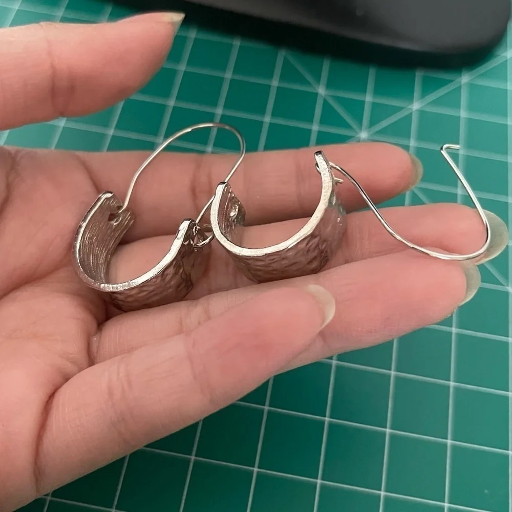 Hammered Silver Long Oval Silver Tone Hoop Earrings